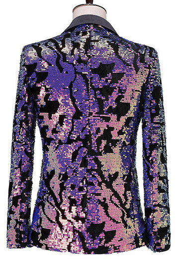 Blazer de bal à revers crantés bleu violet scintillant avec paillettes pour hommes